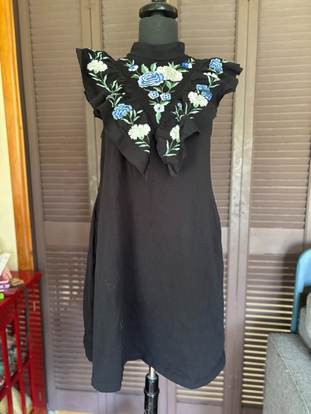 ASOS black floral shift with embellished embroidereshoulders and standing collar